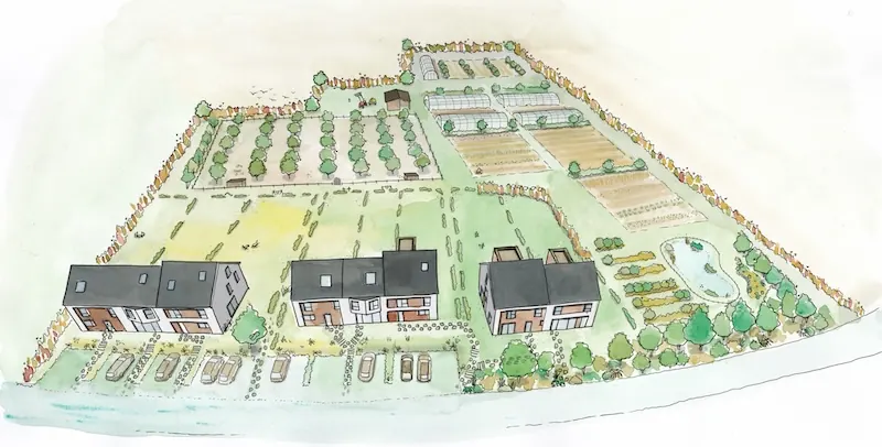 Vue aquarelle d'ensemble du projet depuis le nord