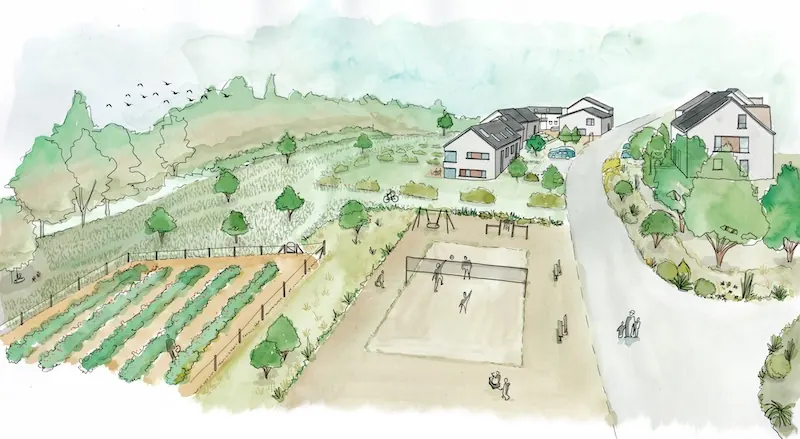 Vue aquarelle des espaces extérieurs avec potagers et terrain de volley