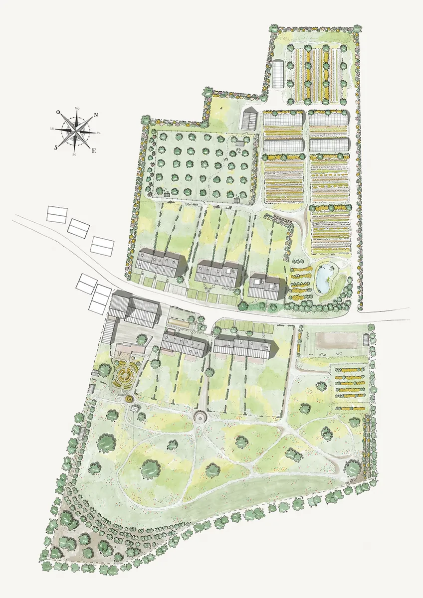 Plan masse aquarellé du projet Le Temps d'M